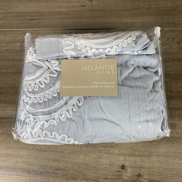 Melange Home King Gray Padma Embroidered Cotton Duvet 3-Piece Set - Picture 4 of 7